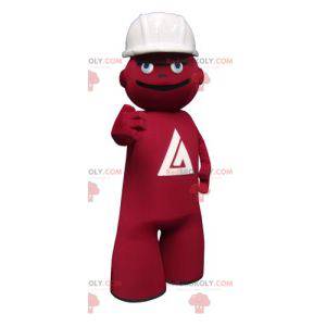 Mascotte de bonhomme rouge d'ouvrier avec un casque -