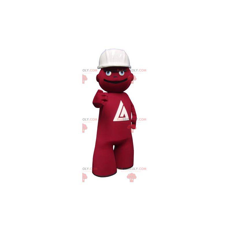 Mascota de muñeco de nieve rojo trabajador con un casco -