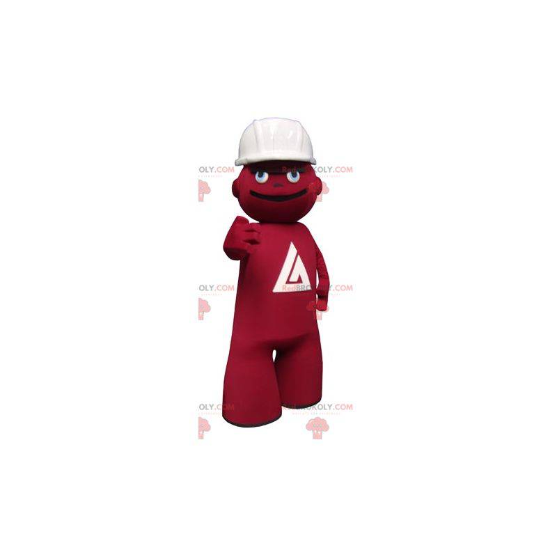 Mascotte de bonhomme rouge d'ouvrier avec un casque -