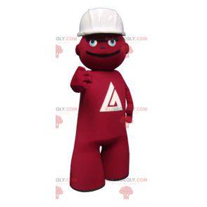 Mascotte de bonhomme rouge d'ouvrier avec un casque -