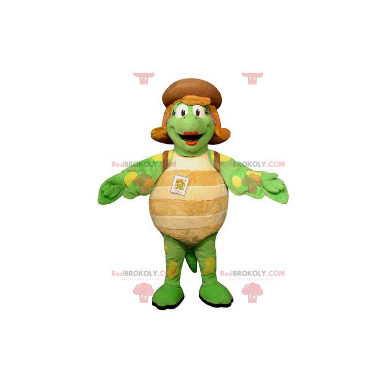 Mascote gigante e fêmea da tartaruga bege e verde amarelo -