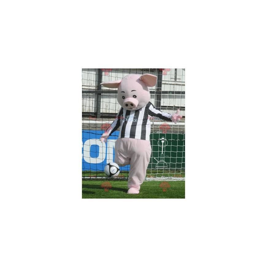 Mascota de cerdo rosa con un jersey blanco y negro - Mascota de cerdo rosa con un jersey blanco y negro -