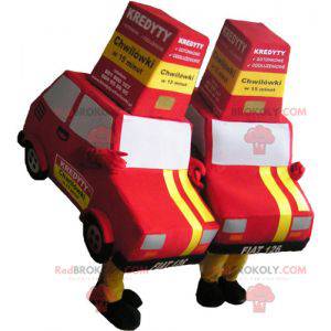2 maskotar av röda och gula bilar - Redbrokoly.com