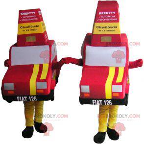 2 mascottes van rode en gele auto's - Redbrokoly.com