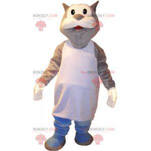 Mascotte de gros chat gris et blanc en marcel - Redbrokoly.com