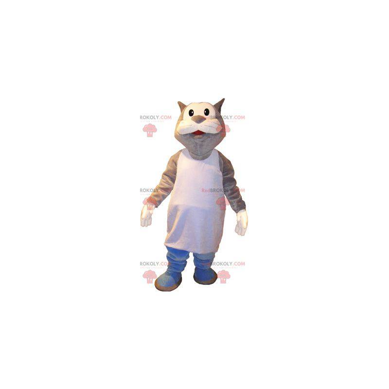 Mascotte de gros chat gris et blanc en marcel - Redbrokoly.com