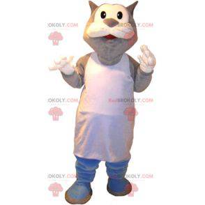 Mascotte de gros chat gris et blanc en marcel - Redbrokoly.com