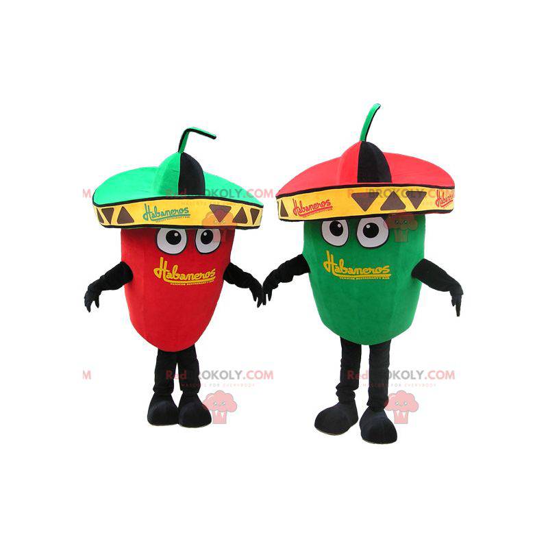 2 mascots of giant green and red peppers. Couple of mascots -