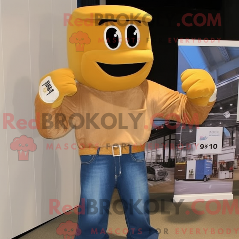 Fantasia de mascote de luva de boxe bege com jeans e luvas sem dedos - Mascotes de boxe - REBROKO_220940 - RedBrokoly.com