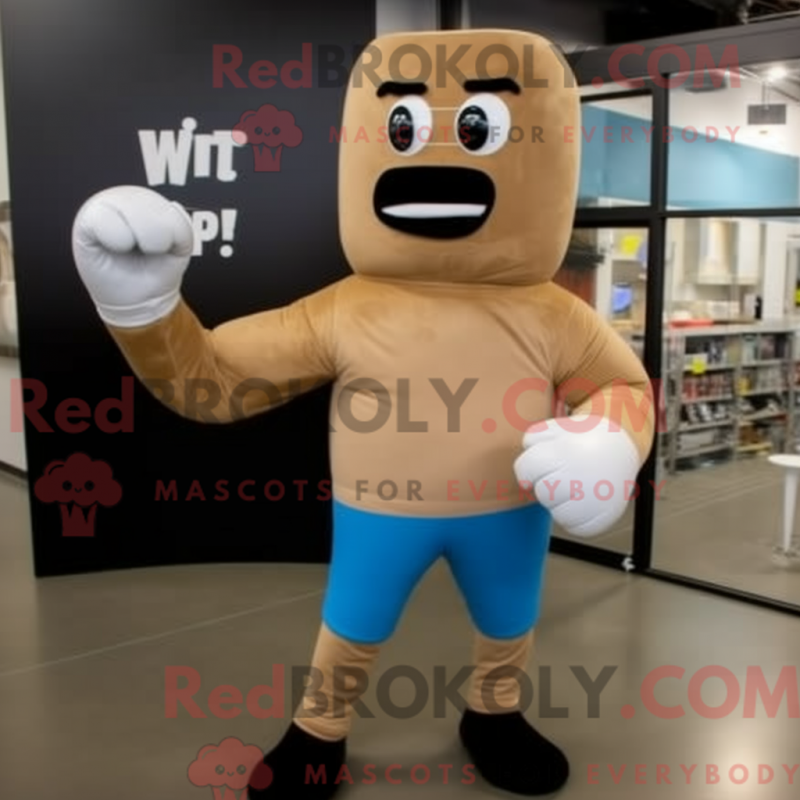 Fantasia de mascote de luva de boxe bege com jeans e luvas sem dedos - Mascotes de boxe - REBROKO_220941 - RedBrokoly.com