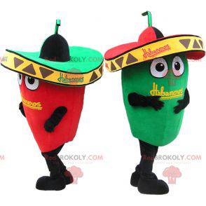 2 mascots of giant green and red peppers. Couple of mascots -