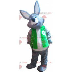 Giant gray and white rabbit mascot wearing a vest -