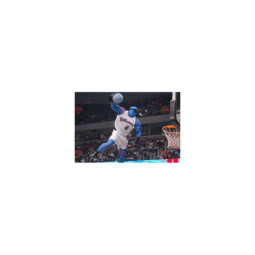 Homem mascote azul com roupa de basquete - Redbrokoly.com