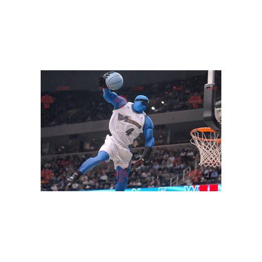 Homem mascote azul com roupa de basquete - Redbrokoly.com