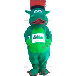 Grønn dinosaur maskot med hatt - Redbrokoly.com