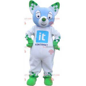 Mascote gato branco e verde com orelhas pontudas -