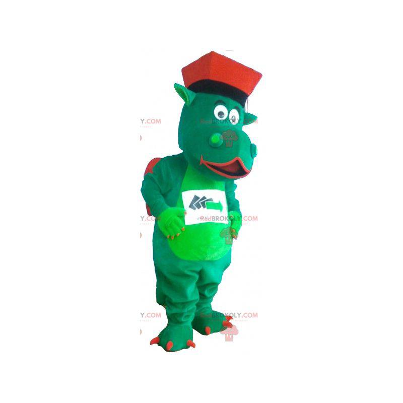 Mascote dragão verde e vermelho com um chapéu - Redbrokoly.com