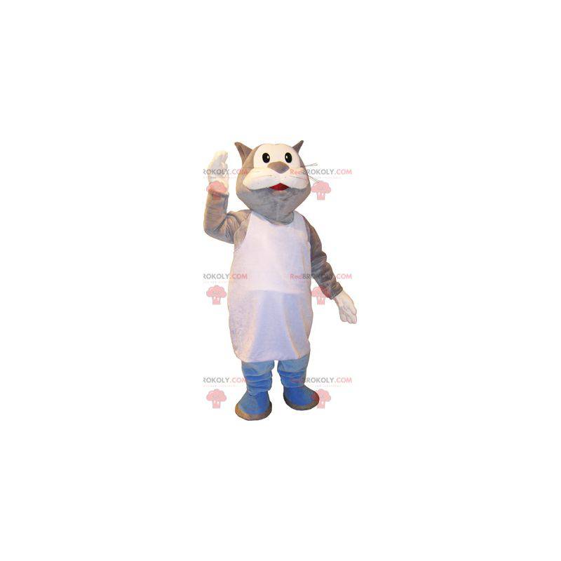 Mascotte de chat gris et blanc géant en marcel - Redbrokoly.com