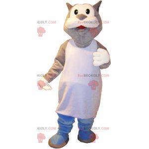 Mascote gato gigante cinza e branco em marcel - Redbrokoly.com