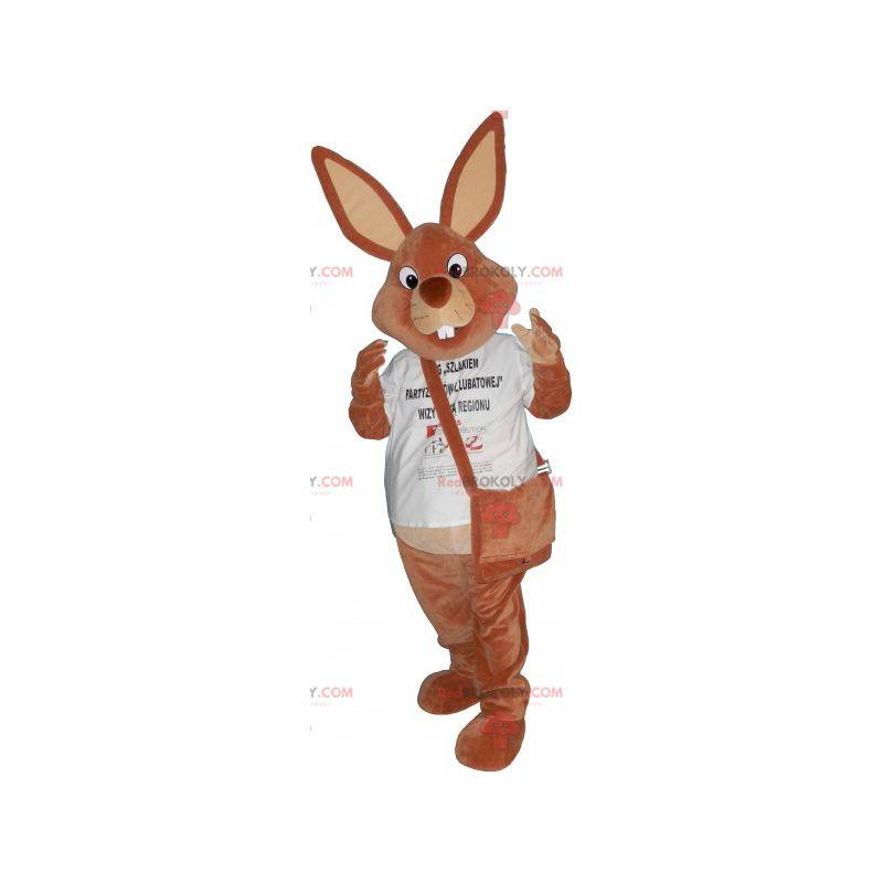 Brun kaninmaskot med en skolväska - Redbrokoly.com