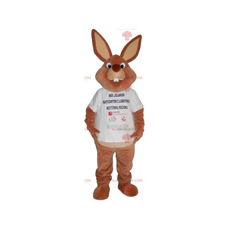 Grote bruine konijn mascotte in een t-shirt - Redbrokoly.com
