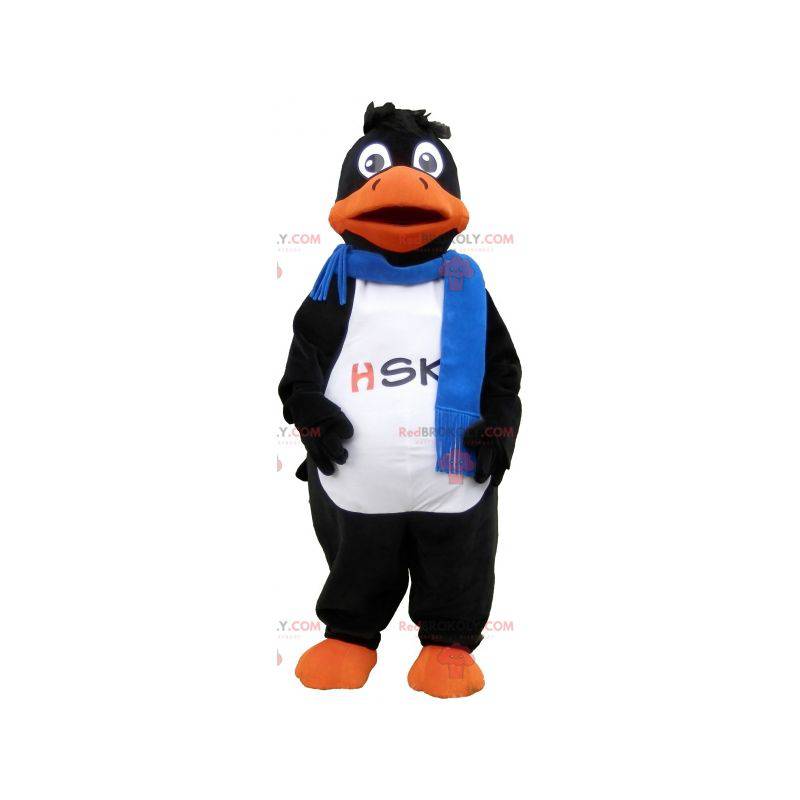 Mascotte de canard noir portant une écharpe bleue -