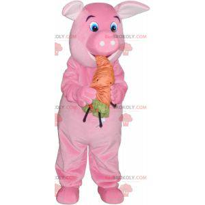 Pink pig mascot with an orange carrot - Redbrokoly.com