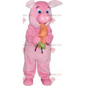 Mascotte de cochon rose avec une carotte orange - Redbrokoly.com