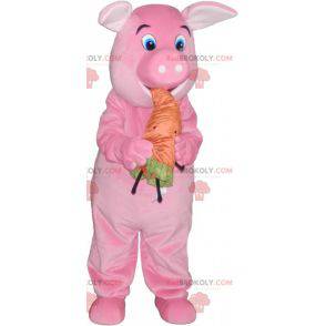 Pink pig mascot with an orange carrot - Redbrokoly.com