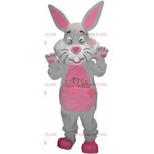 Mascotte de lapin gris et rose avec de grandes oreilles -