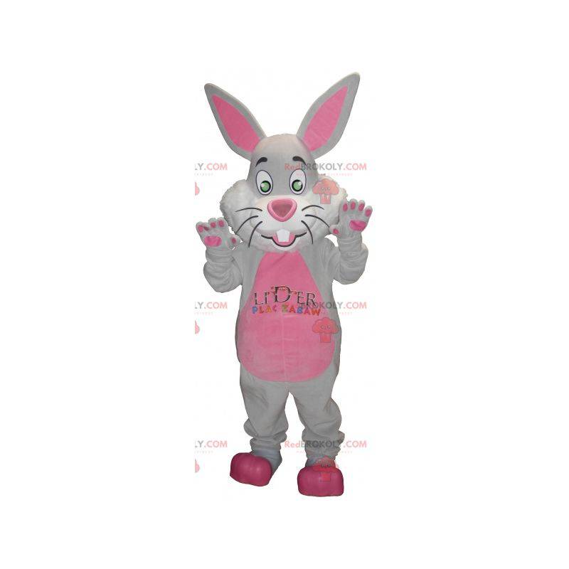 Mascotte de lapin gris et rose avec de grandes oreilles -