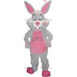 Mascotte de lapin gris et rose avec de grandes oreilles -