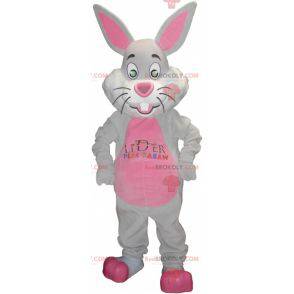 Mascotte de lapin gris et rose avec de grandes oreilles -