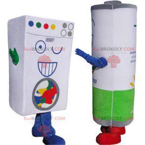 2 mascots 1 laundry-type cardboard brick and 1 giant stack -