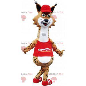 Grappige gevlekte lynx mascotte met een rode outfit -