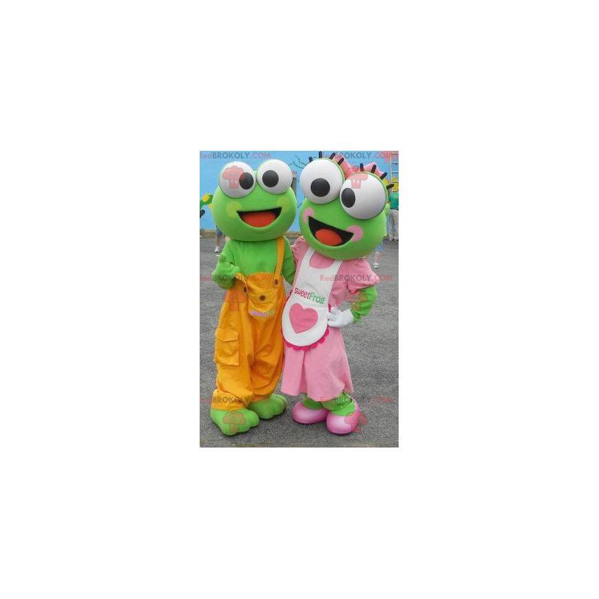 2 Maskottchen mit grünen Fröschen im farbenfrohen Outfit - 2 Maskottchen mit grünen Fröschen im farbenfrohen Outfit -