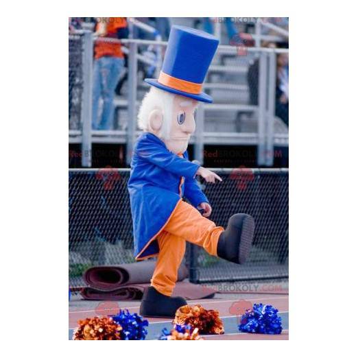 Mascotte de vieil homme bien habillé avec un chapeau -