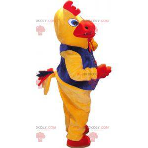 Mascotte uccello gallina gallo giallo e rosso con un costume -