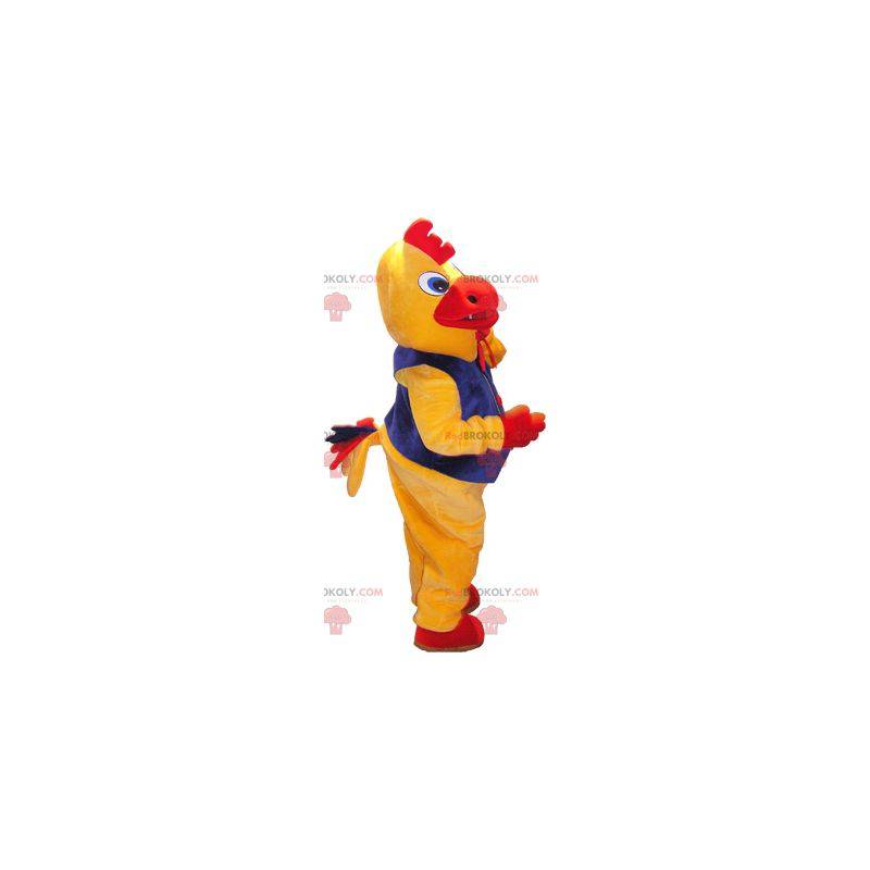 Mascota de pájaro gallina gallo amarillo y rojo con un disfraz