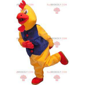 Mascota de pájaro gallina gallo amarillo y rojo con un disfraz