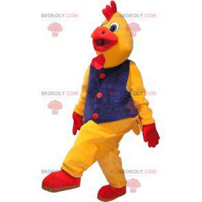 Mascotte uccello gallina gallo giallo e rosso con un costume -