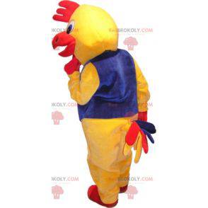 Mascotte uccello gallina gallo giallo e rosso con un costume -