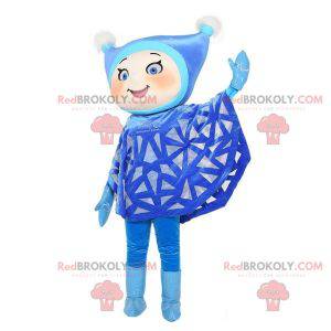 Menina mascote vestida de azul com um boné - Redbrokoly.com