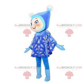 Mascotte de fillette habillée en bleu avec un bonnet -