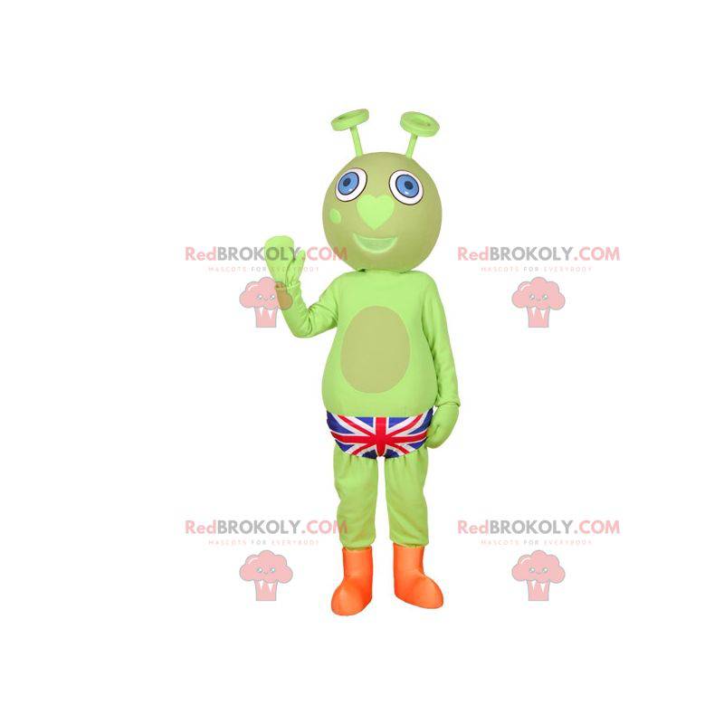 Groene buitenaardse mascotte met een Britse slip -
