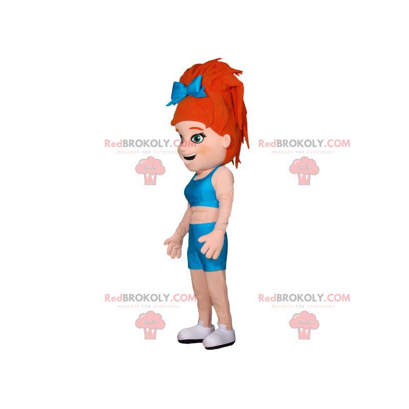 Svalnatá dívka maskot s červenými vlasy v sportovní oblečení -