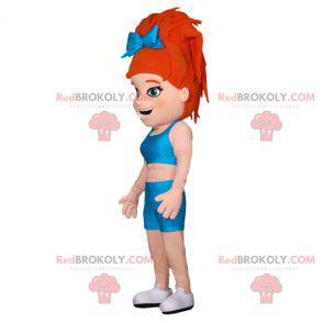 Mascote de menina musculosa com cabelo ruivo em roupas