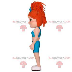 Mascote de menina musculosa com cabelo ruivo em roupas