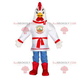 Galo de mascote branco vestido com um quimono. Mascote de