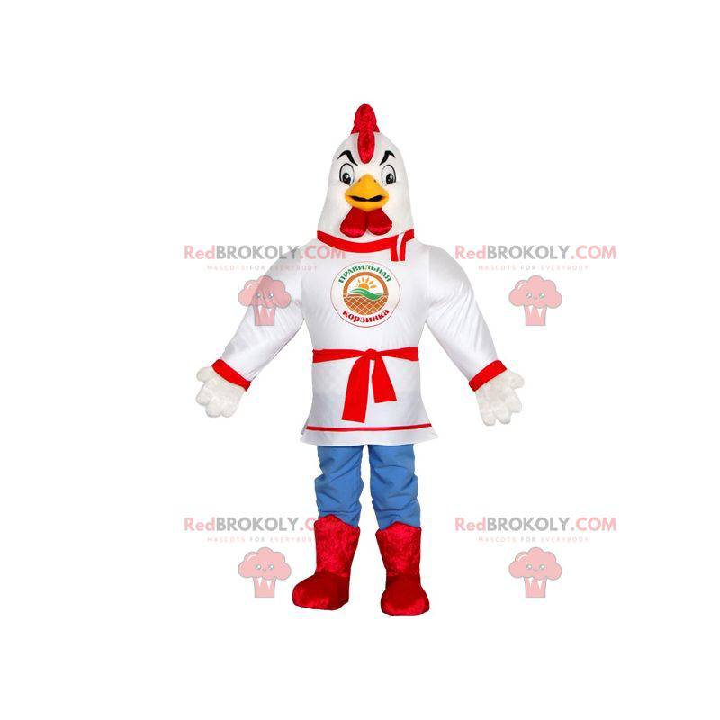 Mascotte de coq blanc habillé d'un kimono. Mascotte de poule -